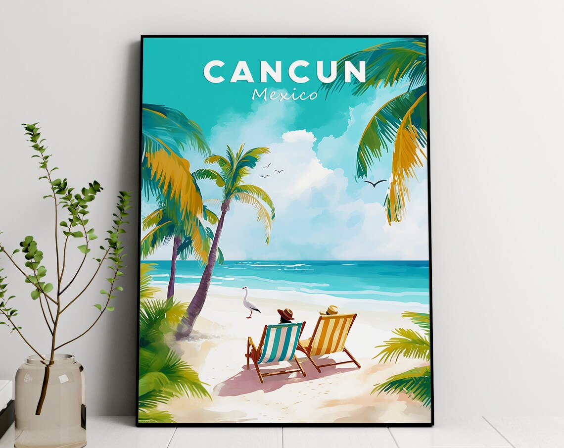 Cancun Mexico Travel Illustration, Colorful Poster