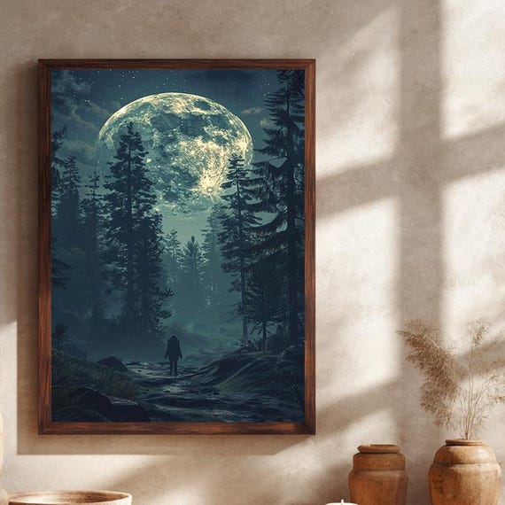Moonlit Forest Canvas Wall Art With Lone Wanderer Silhouette And Night Sky Mystical Full Moon Nature Landscape Print For Home Decor