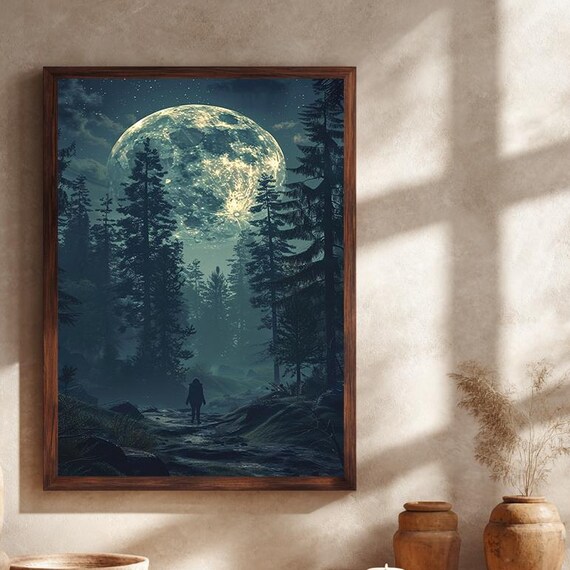 Moonlit Forest Wanderer Silhouette Full Moon Night Landscape Poster
