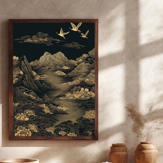Black and Gold Asian Mountain River Cranes Zen Landscape Art Poster