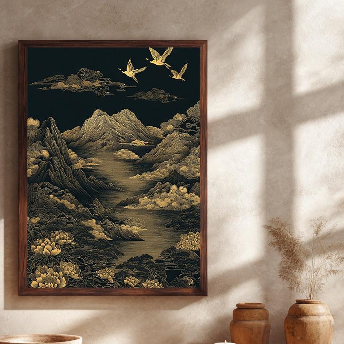 Black and Gold Asian Mountain River Cranes Zen Landscape Art Poster