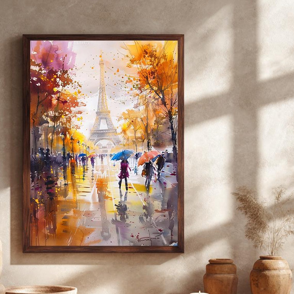 Eiffel Tower Paris Autumn Rain Street Umbrellas Watercolor Poster