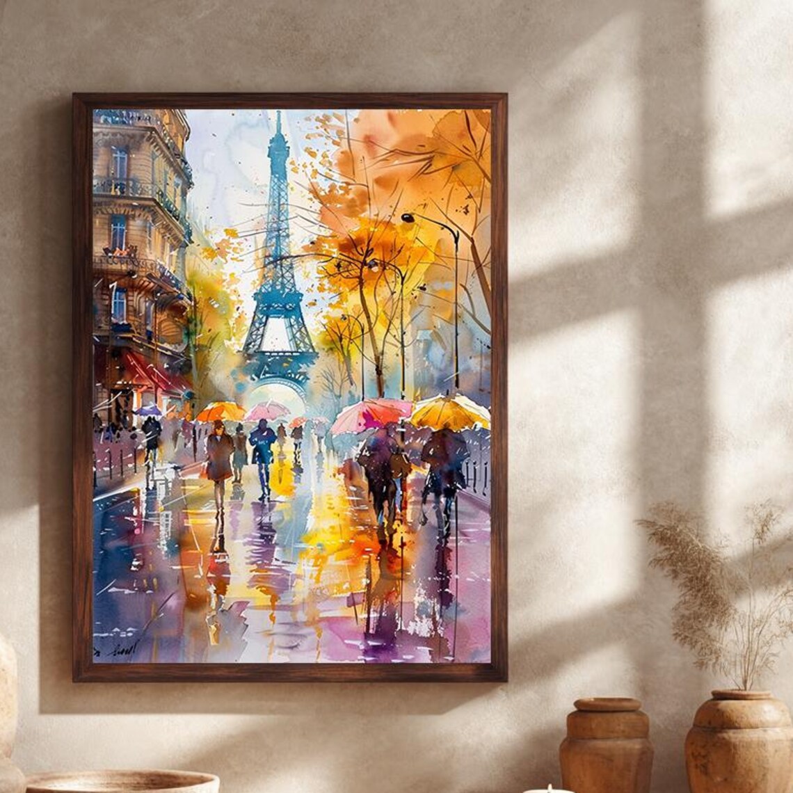 Paris Eiffel Tower Autumn Umbrellas Watercolor Street Scene Poster