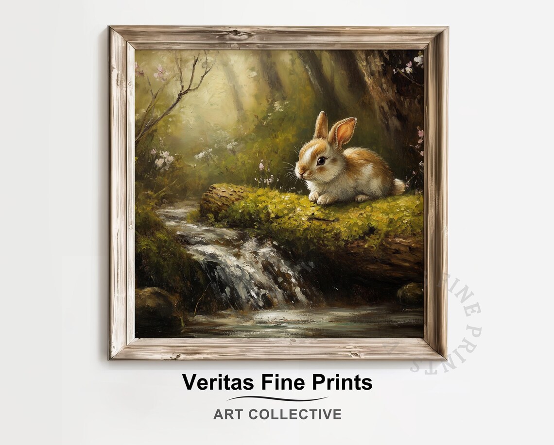 Shy Rabbit on Mossy Log by Forest Brook Vintage Oil Painting Poster