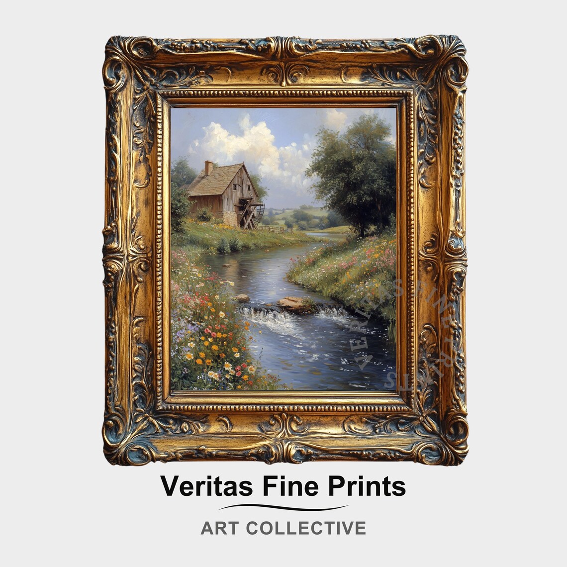Watermill In Summer Meadow Vintage Farmhouse Art Print
