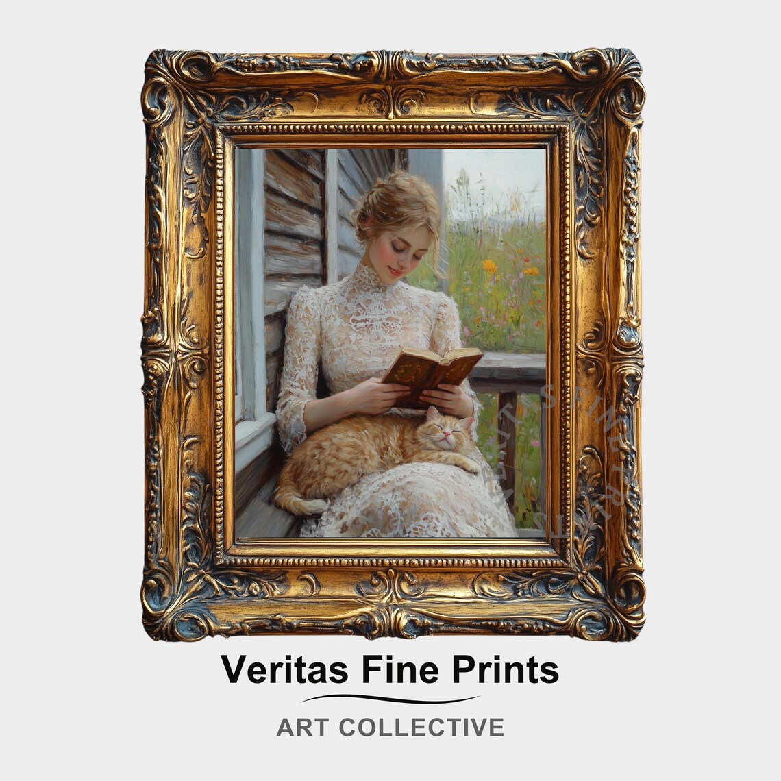 Elegant Lady Reading On A Porch With An Orange Cat Cottage Poster