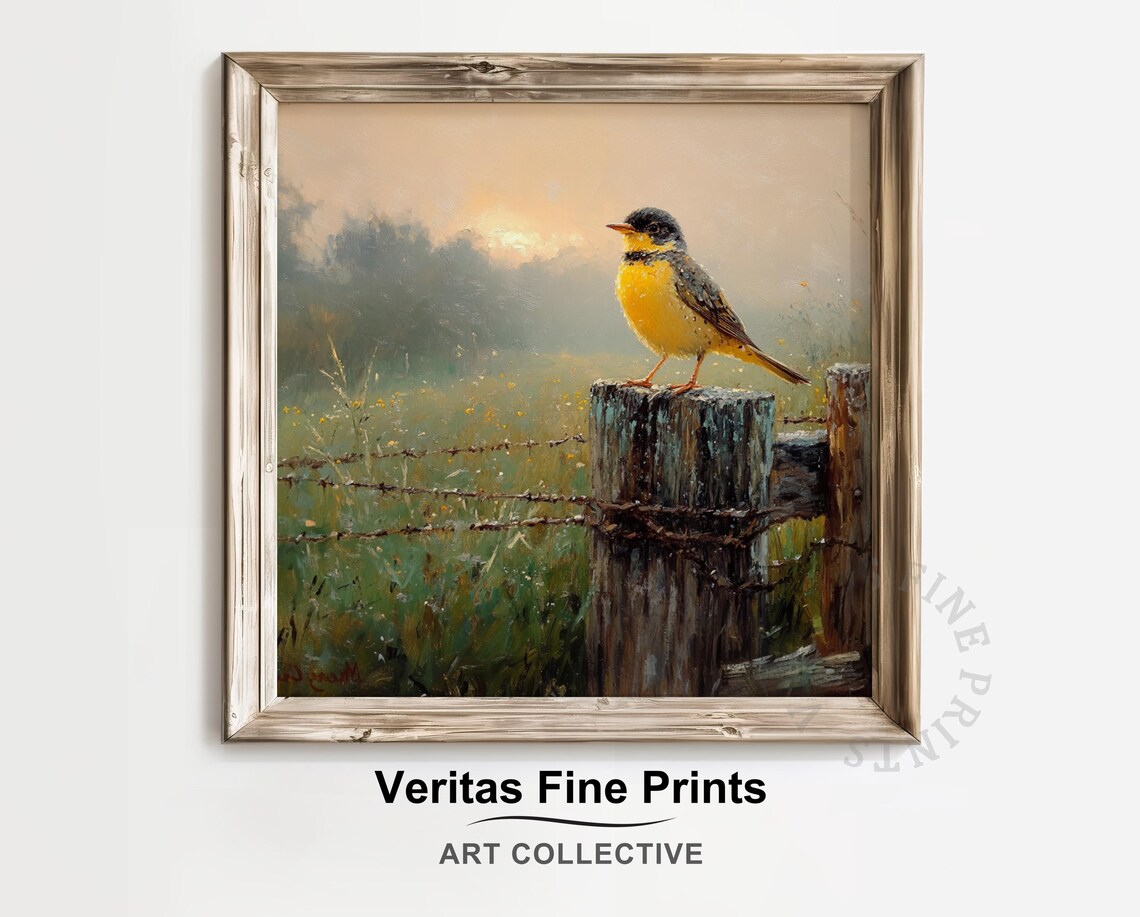 Meadowlark at Sunrise, Vintage Farmhouse Art Print