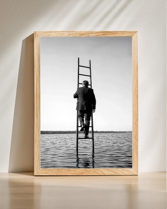 Businessman Climbing Ladder From Sea To Sky Surreal Photo Art Poster