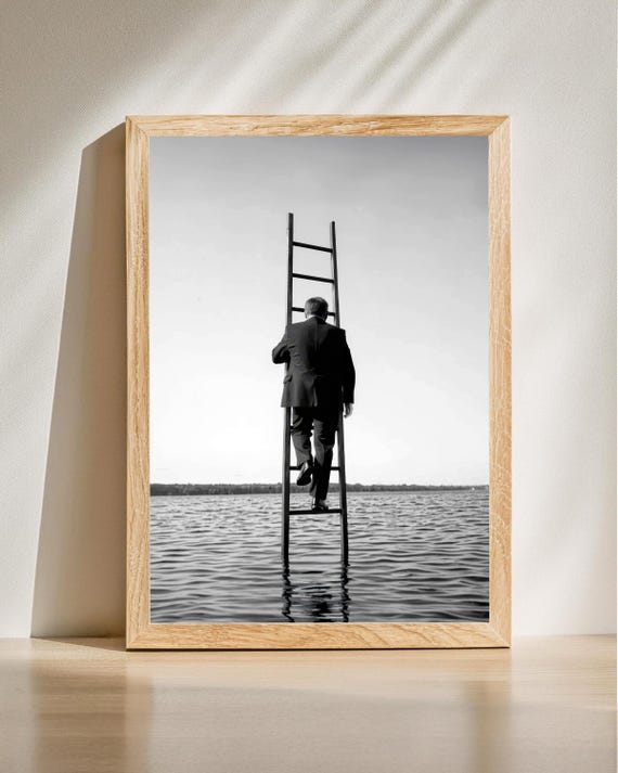 Surreal Businessman Climbing Dreamlike Photography Creative Wall Art Thoughtprovoking Office Decor