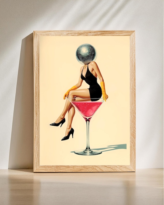 Disco Ball Head Woman on Martini Glass Retro Surreal Home Bar Wall Art