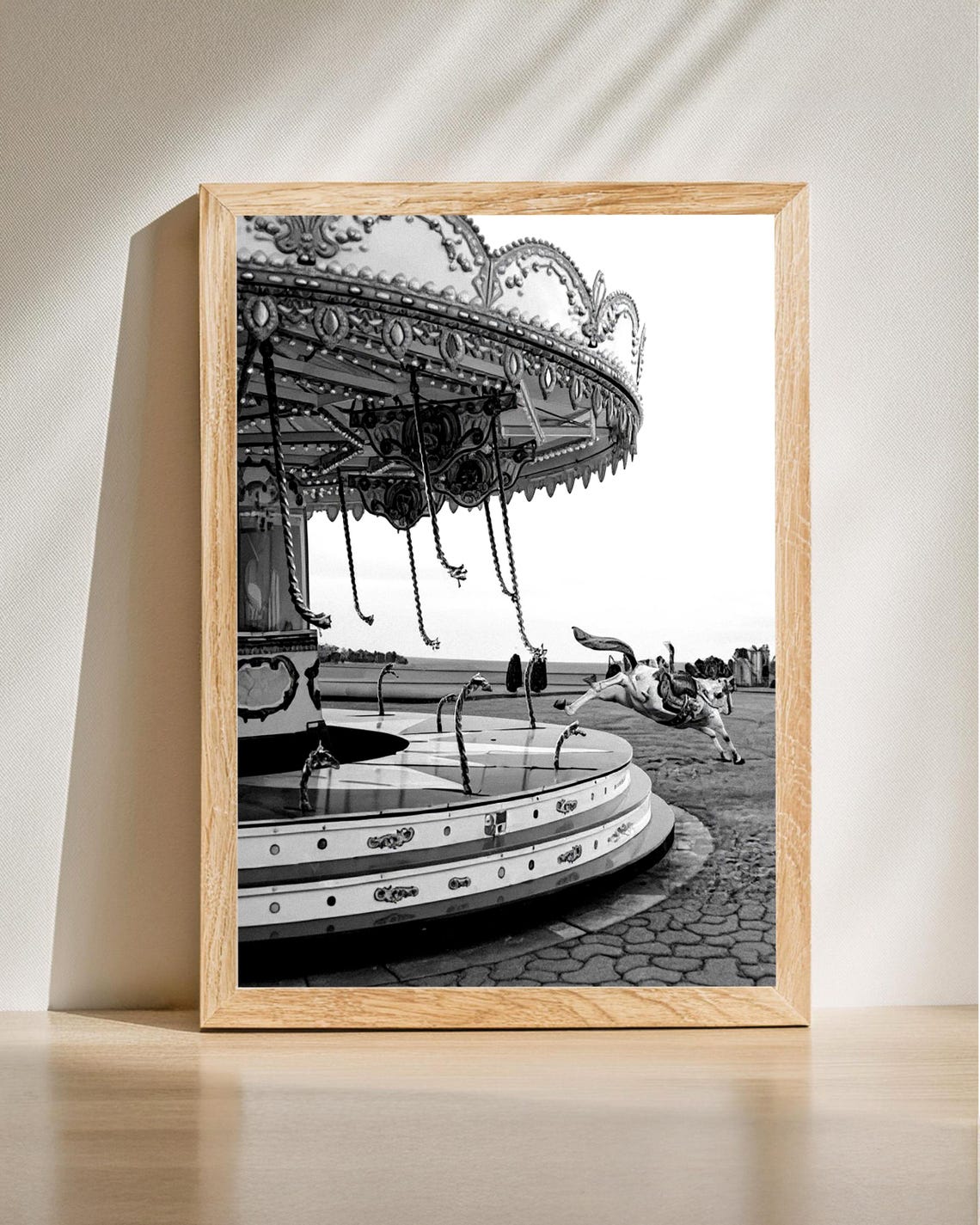 Vintage Carousel Empty Beach Real Horse Surreal Photo Poster