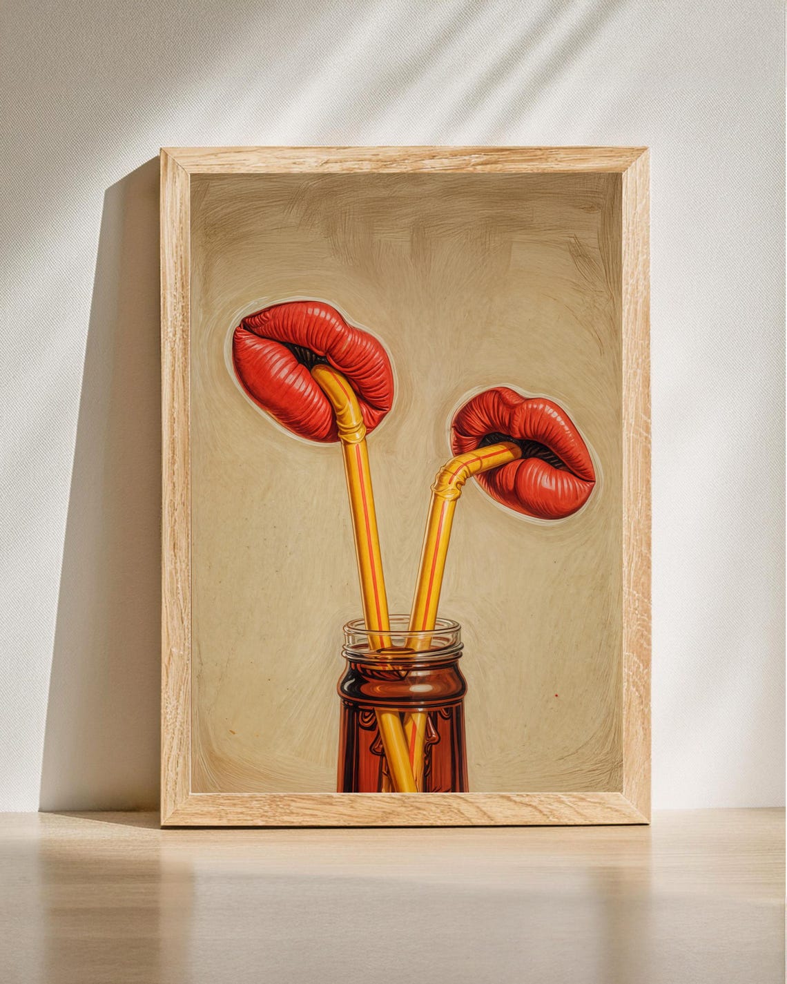 Red Lips Flower Heads with Straws Surreal Pop Art Painting Poster