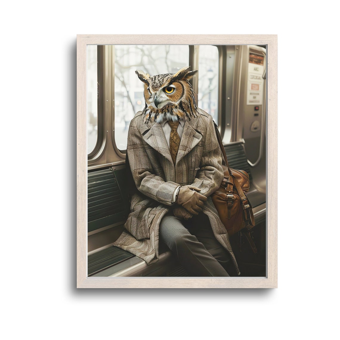 Great Horned Owl In Suit Funny Subway Commute Portrait Poster