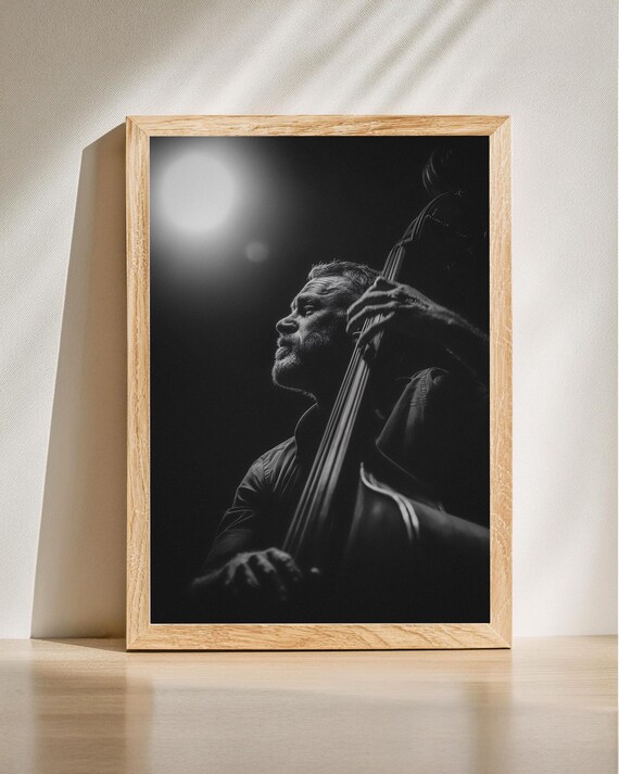Jazz Musician Playing Double Bass Dramatic Stage Photo Poster