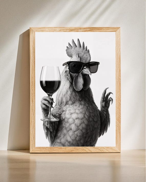 Rooster Wine Glass Poster Cool Wall Art Funny Kitchen Home Bar Decor