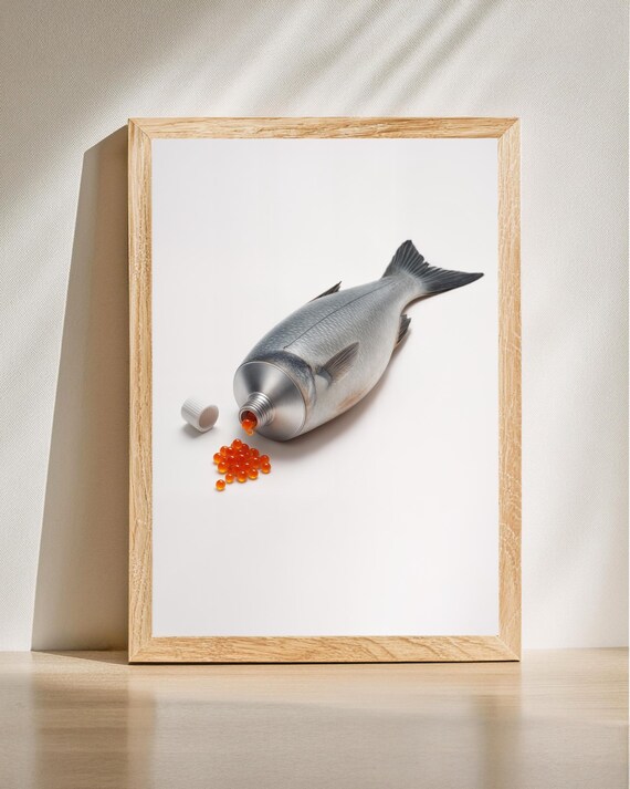Fish Tube Squeezing Caviar Surreal Seafood Mashup Funny Poster