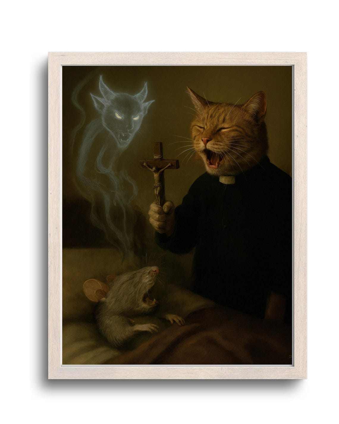Funny Cat Priest Exorcism Mouse Demonic Spirit Horror Art Poster