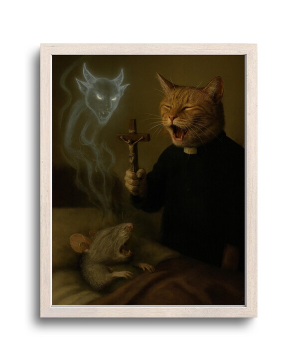 Funny Cat Priest Exorcism Mouse Demonic Spirit Horror Art Poster