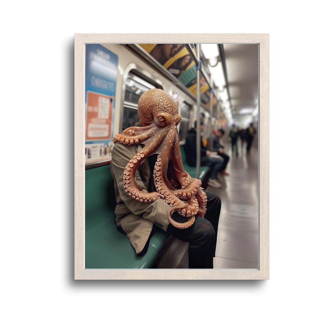 Octopus In Trench Coat Riding Subway Surreal Funny Art Poster