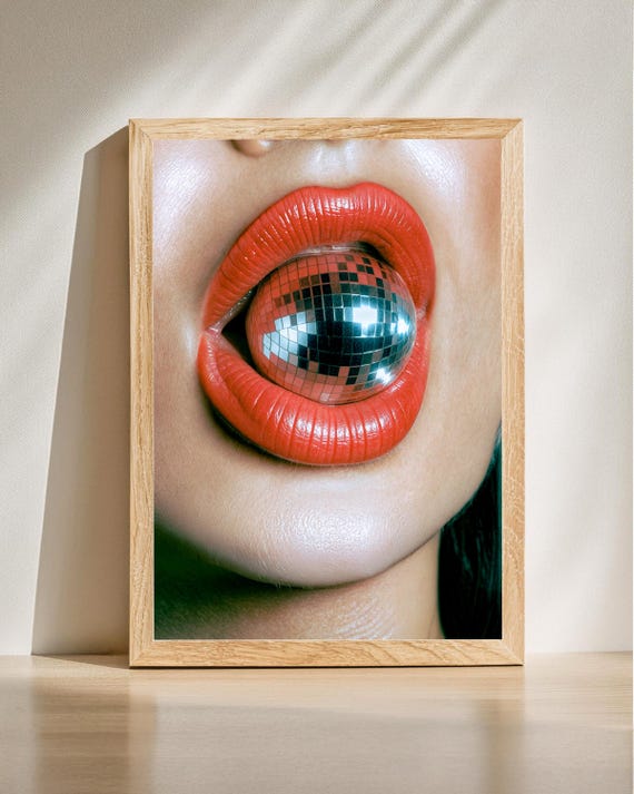 Disco Ball Lip Art Modern Glam Pop Funky Wall Decor Bold Statement Piece Eclectic Home Style