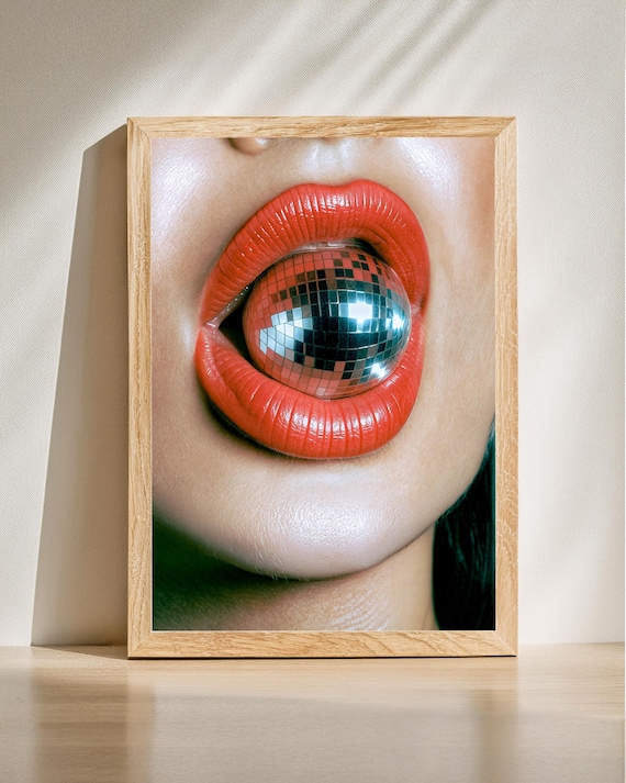 Red Lips Holding Disco Ball Modern Glam Pop Art Statement Poster