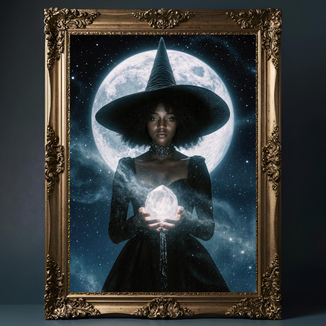 Mystical Witch With Crystal Orb Before Full Moon Night Sky Poster