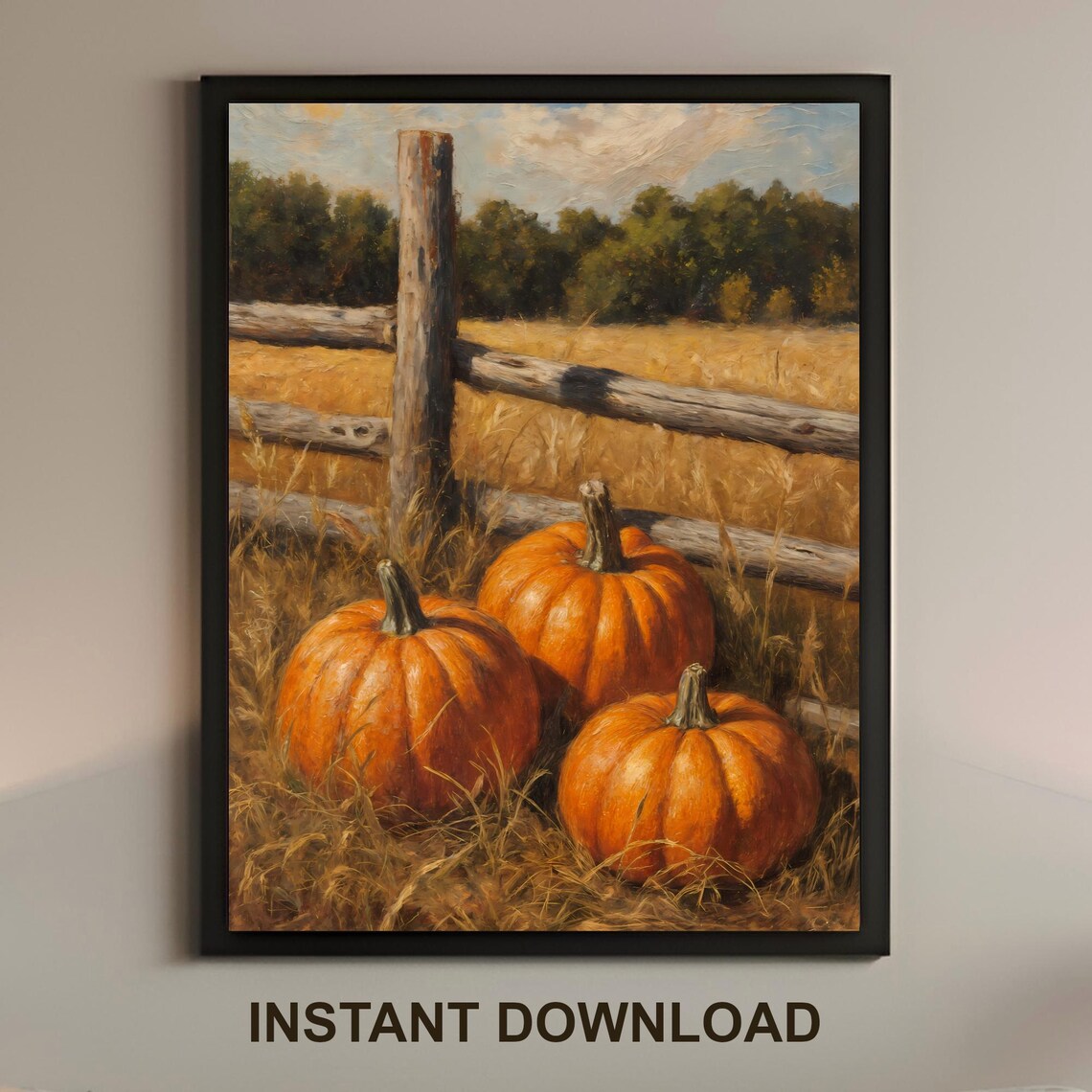 Rustic Pumpkin Field Wall Art Harvest Scene Countryside Fence Poster Print Decoration