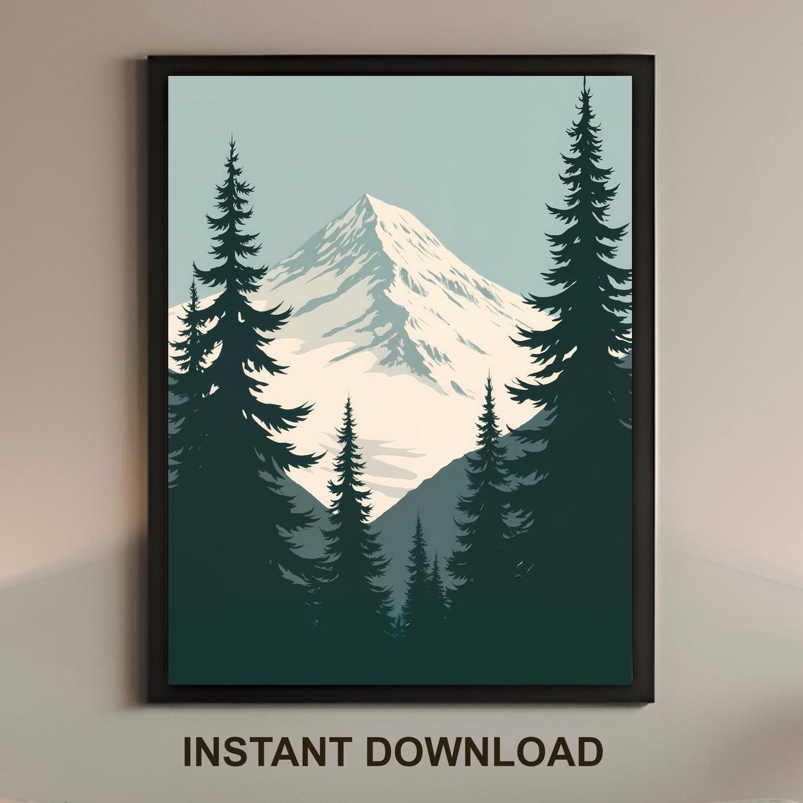Snow Capped Mountain Peak Evergreen Pines Minimal Winter Poster