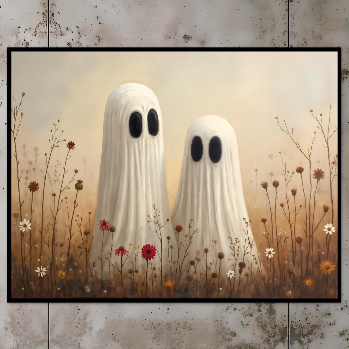 Two Cute Ghosts in Wildflower Meadow Spooky Sweet Halloween Poster