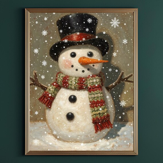 Snowman Top Hat Striped Scarf Falling Snow Vintage Holiday Poster
