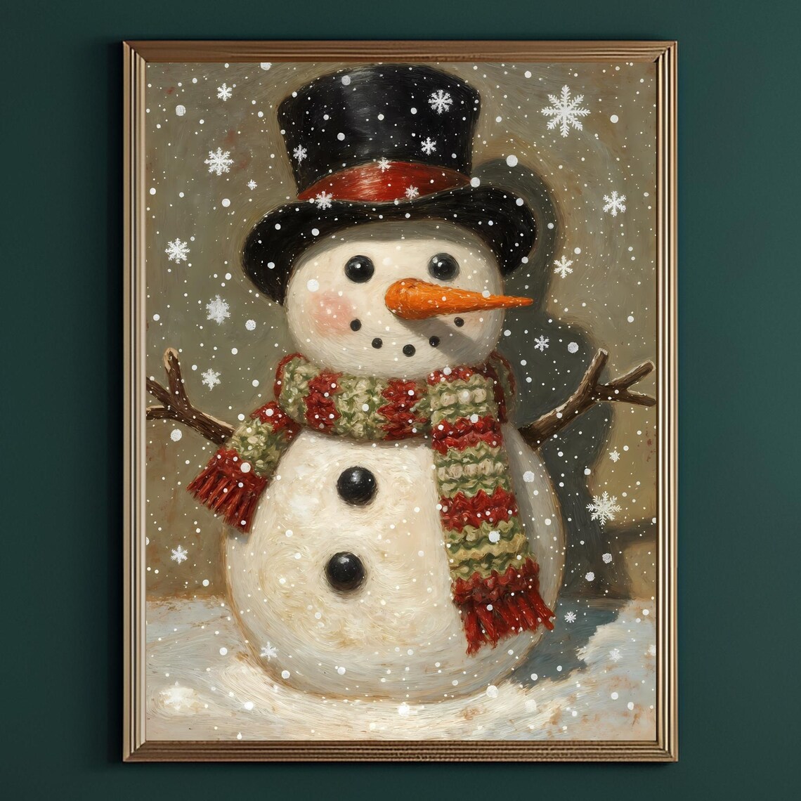 Snowman Top Hat Striped Scarf Falling Snow Vintage Holiday Poster