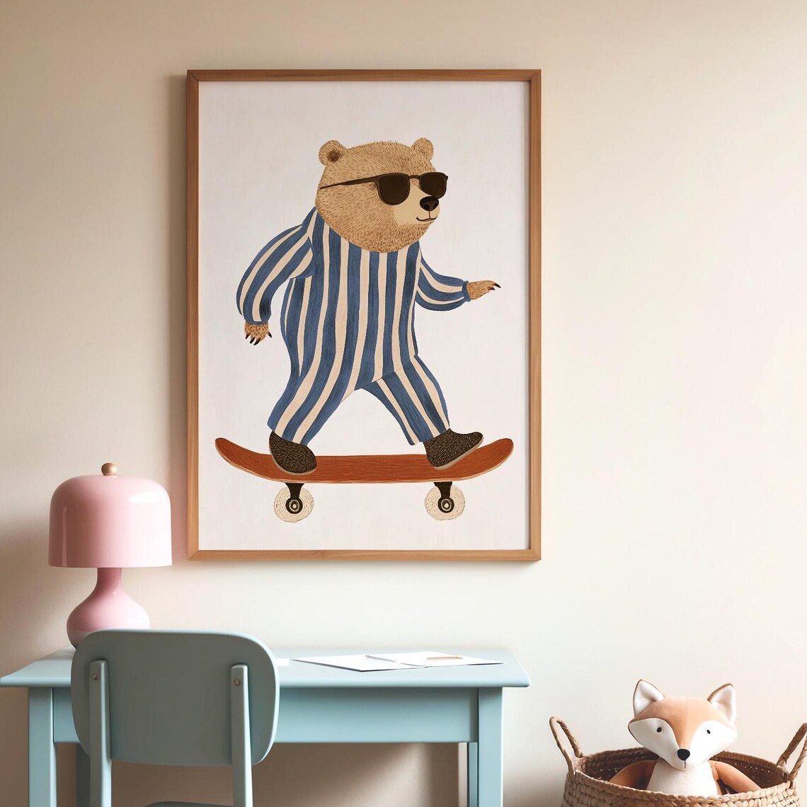 Laid Back Cool Bear Skateboarding Pajamas Kids Room Nursery Poster