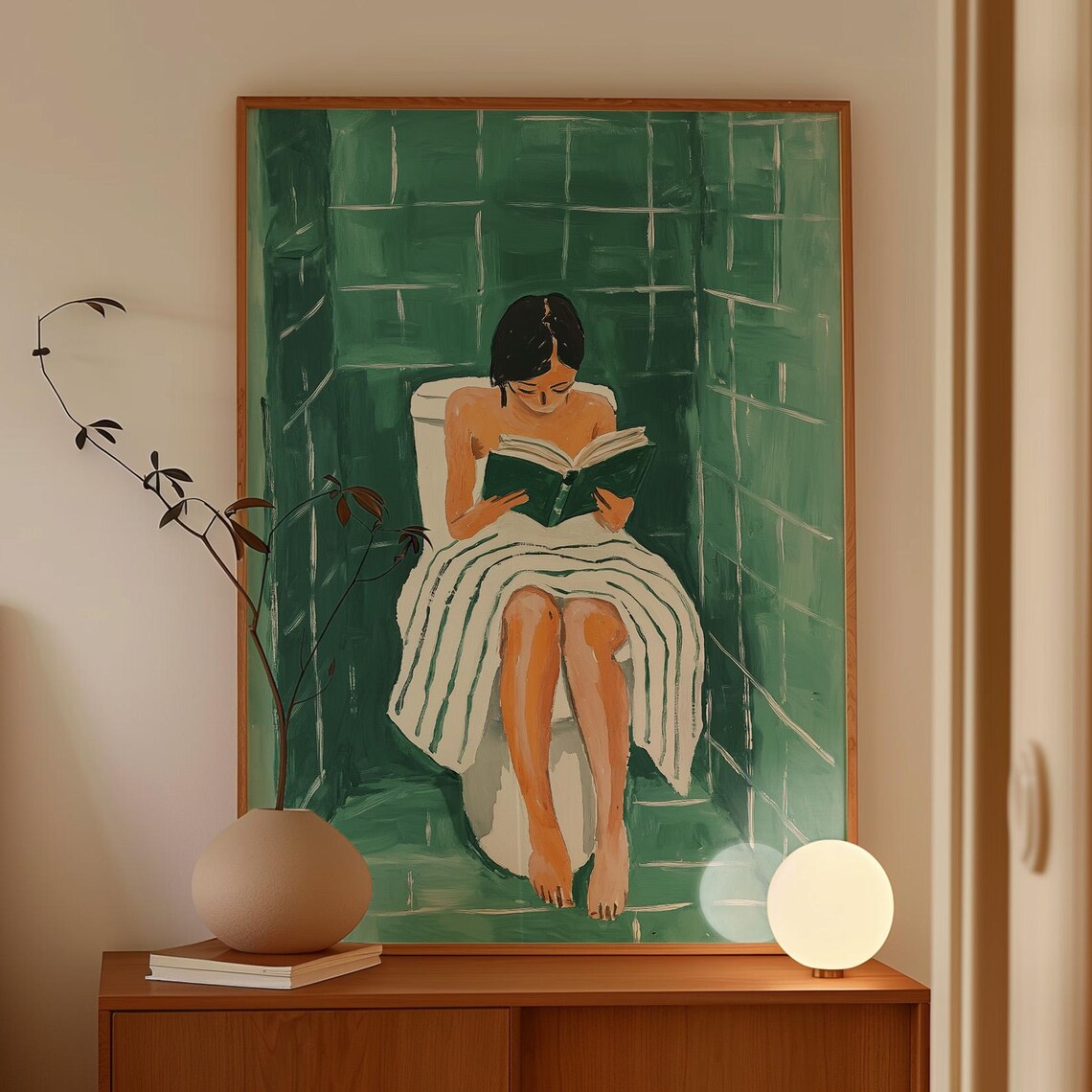 Modern Woman Reading On Toilet, Bathroom Decor