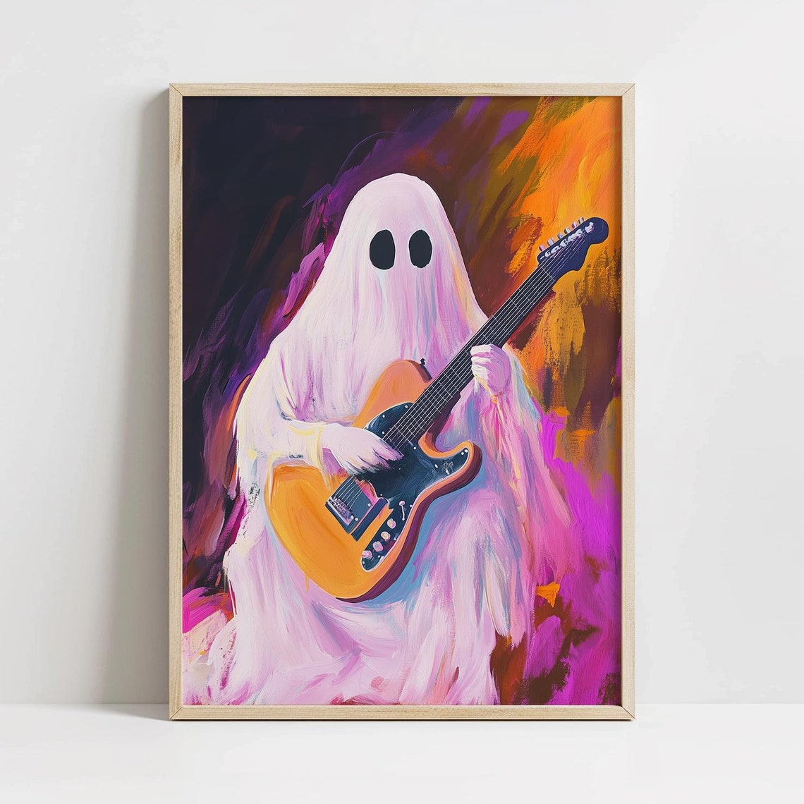 Cute Ghost Playing Electric Guitar Purple Halloween Art Poster