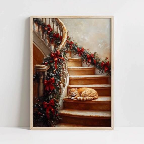 Orange Tabby Cat Sleeping On Christmas Staircase Garland Art Print