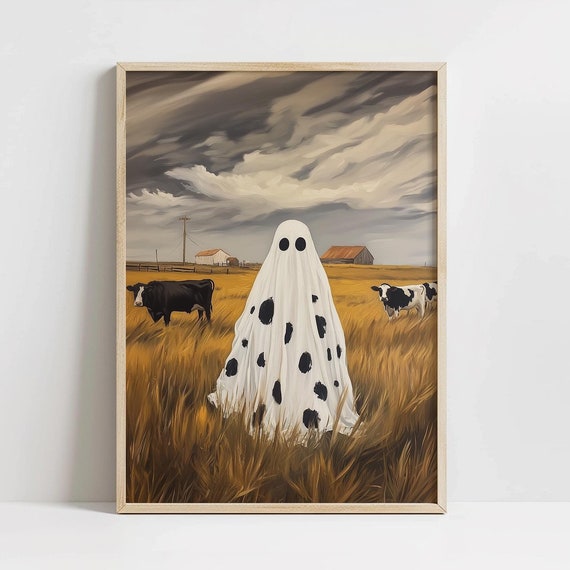 Cute Cow Halloween Art Funny Farm Vintage Cottage Spooky Season Poster Print
