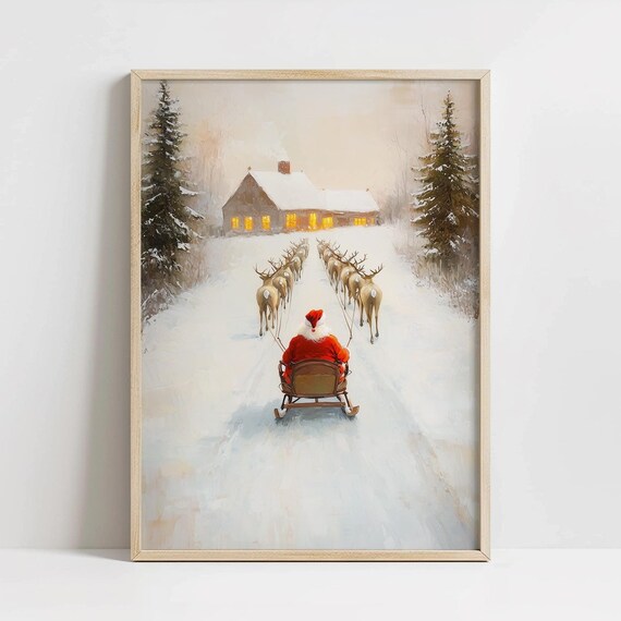 Santa Sleigh Reindeer Snowy Night Cozy Cabin Christmas Poster
