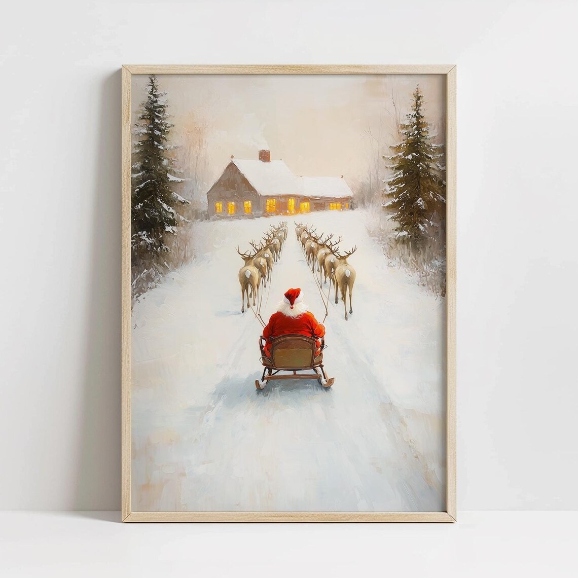 Santa Sleigh Reindeer Snowy Night Cozy Cabin Christmas Poster