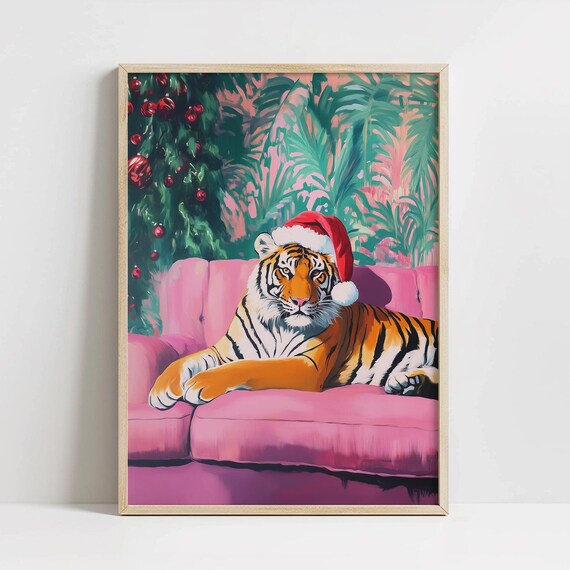 Christmas Tiger Wall Art, Preppy Maximalist Poster