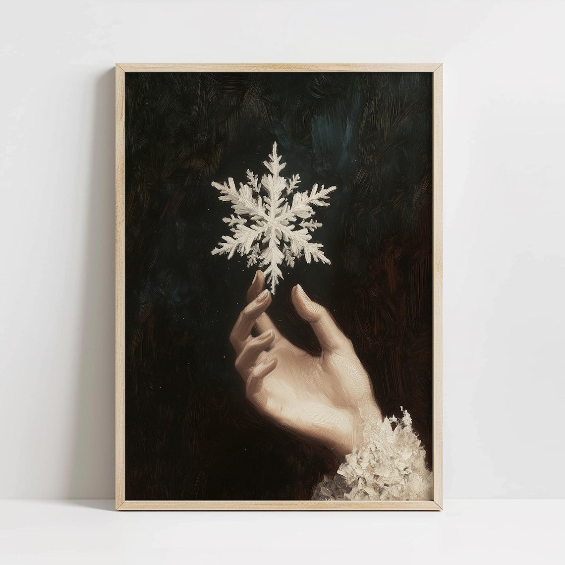 Hand Holding Snowflake Dark Moody Winter Oil Painting Poster
