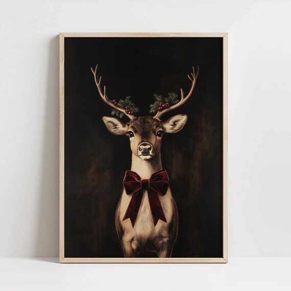 Christmas Deer Painting, Vintage Rustic Holiday Art Print