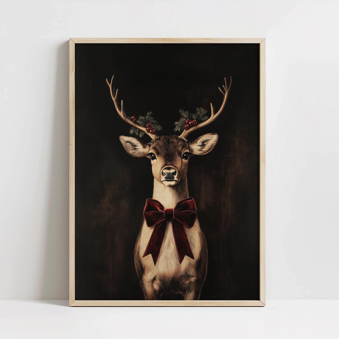 Christmas Deer Painting, Vintage Rustic Holiday Art Print