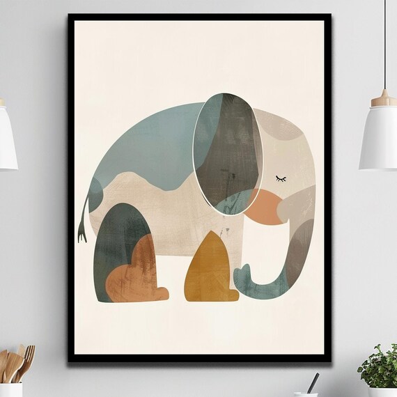 Abstract Cute Elephant Boho Nursery Wall Art in Warm Earth Tones