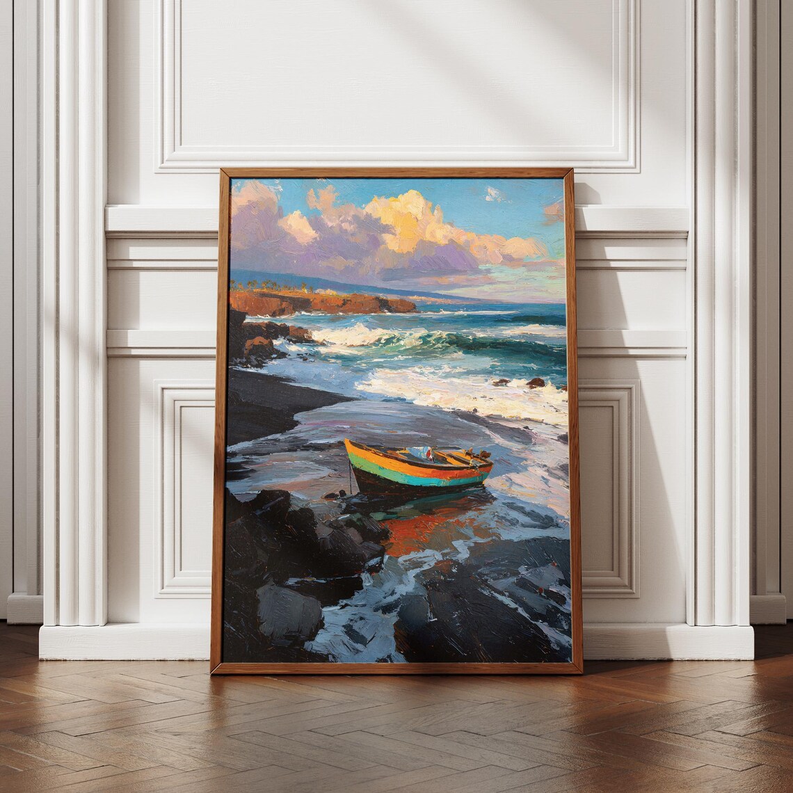Canary Islands Colorful Boat Volcanic Black Sand Beach Ocean Poster