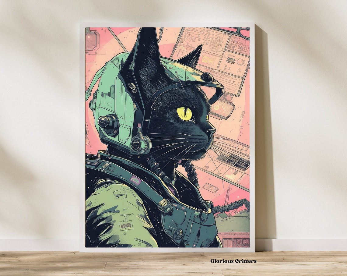 Vintage Space Cat Cosmic Art Poster