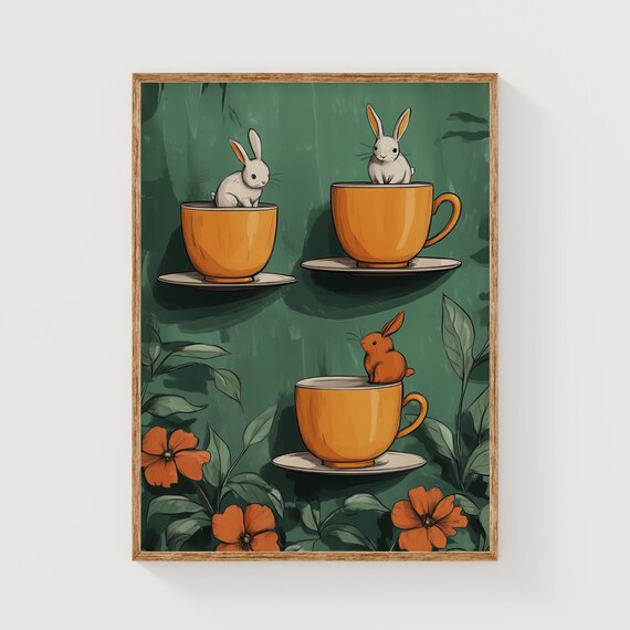 Quirky Bunny Tea Party Art Print, Whimsical Decor