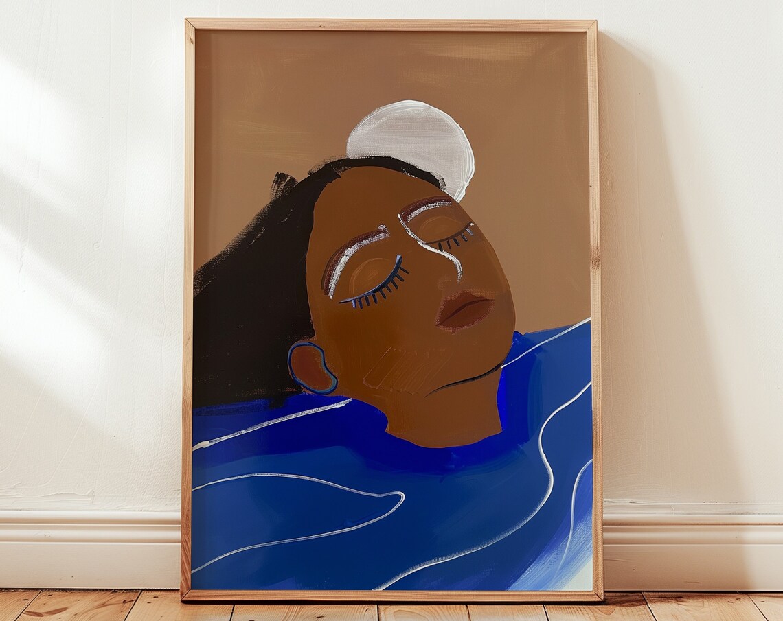 Serene Woman Floating in Blue Water Abstract Portrait Art Poster