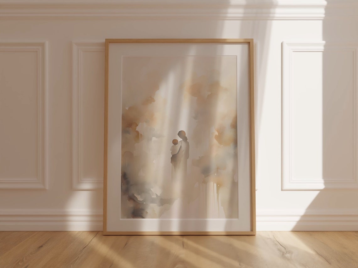 Mother And Child Art Print Minimalist Motherhood Painting Poster Mom And Baby In Neutral Colors