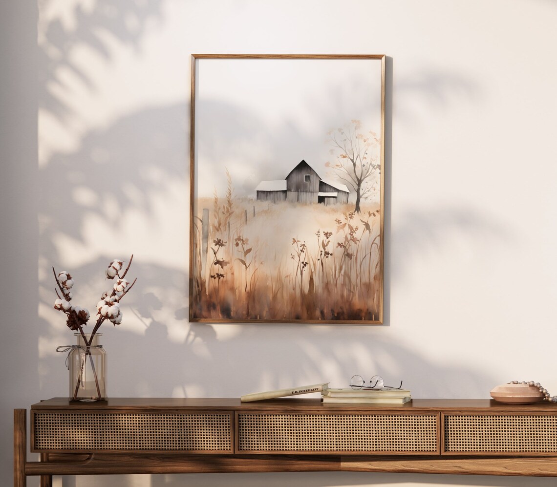 Earth Tone Watercolor Farmhouse Field Landscape Art Print - Image 2