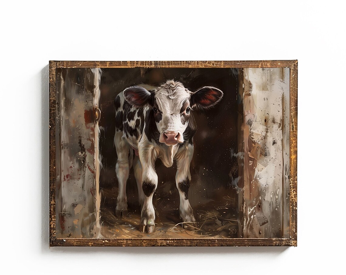 Curious Black and White Calf Standing in a Barn Doorway Poster